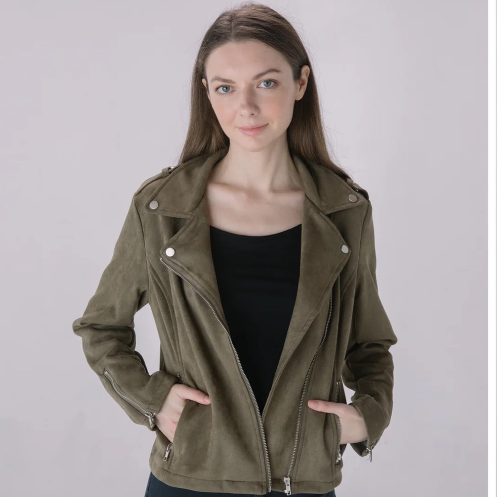 SOLITAIRE Dark Olive Faux Suede Moto Jacket Size Small New